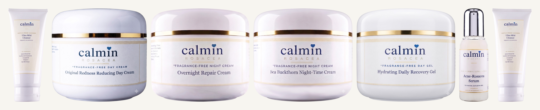 Try all CALMIN products — Day Cream, Overnight Cream, Sea Buckthorn, Hydrating Gel, Serum and two Ultra Mild Cleansers